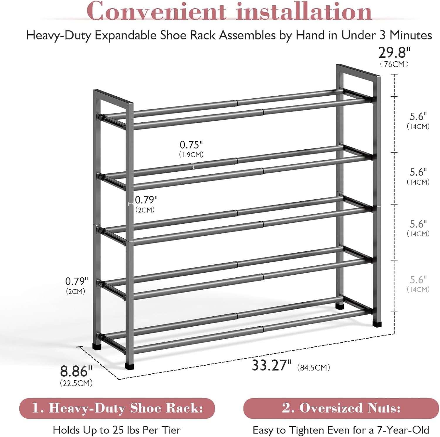 Bumusty 5 Tier Expandable Shoe Rack for Closet, Grey