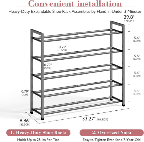 Bumusty 5 Tier Expandable Shoe Rack for Closet, Grey