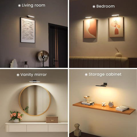 FULEN 4 Pack Picture Lights for Wall,Art Lights for Painting,Battery Operated Wall Sconce Rechargeable,LED Wall Light Cordless with Remote, Frame,Gallery,Dartboard Lights No-Drill,Black