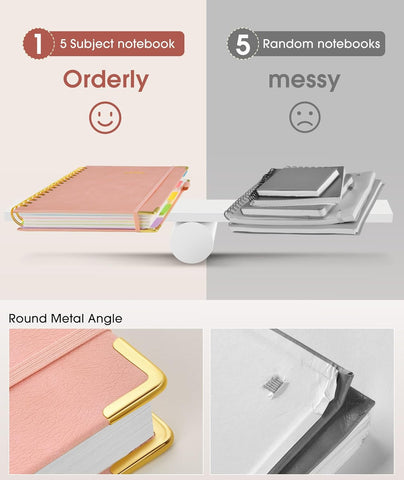 Hardcover Spiral Notebook journal with Removable Dividers Tabs, 300 Pages Leather 5 Subject Notebook College Ruled, 8"x10" Large B5 Notebooks for Work School Note taking, Lined Journal for Women,Pink