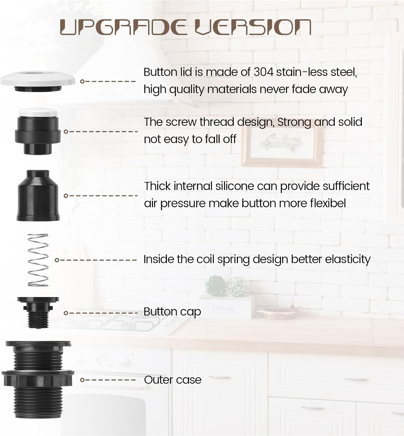 Garbage Disposal Air Switch Kit Sink Top Waste Disposal Long Stainless Steel White On/Off Air Button Food and Waste Disposals Part by Etoolcity, UL Listed