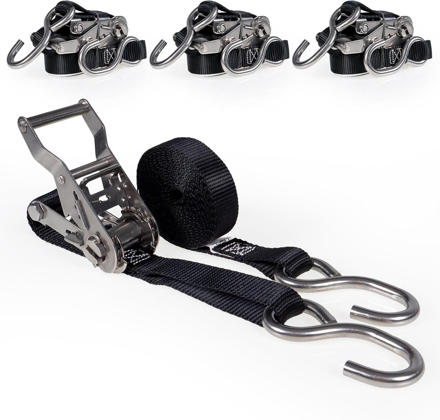 US Cargo Control Stainless Steel Ratchet Straps with S-Hooks 1" X 10' (4-Pack), 765 LBS Break Strength, Marine Tie Down Straps for Boats, ATVs, Trees, Camping, Snow, Saltwater Applications