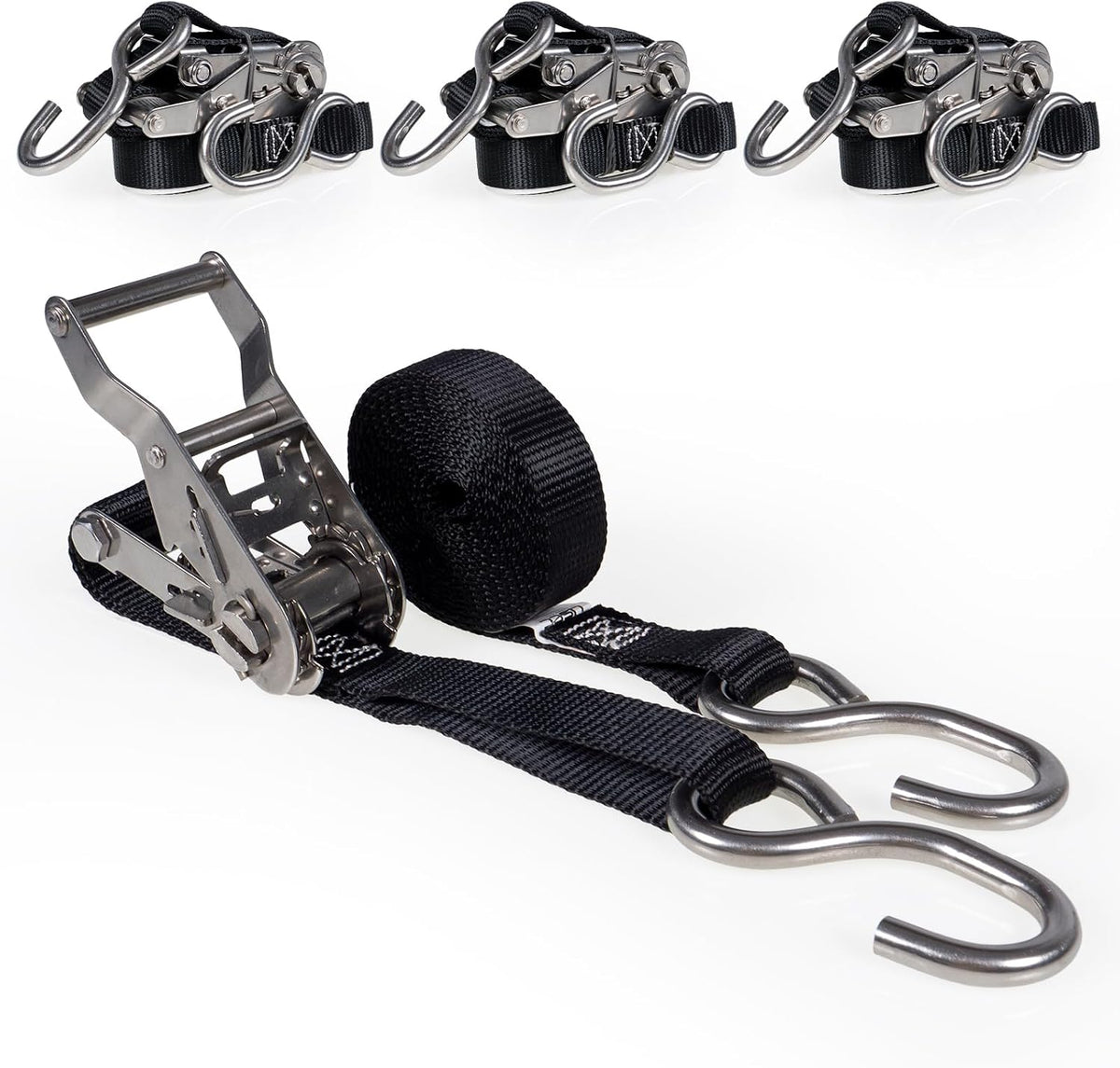 US Cargo Control Stainless Steel Ratchet Straps with S-Hooks 1" X 10' (4-Pack), 765 LBS Break Strength, Marine Tie Down Straps for Boats, ATVs, Trees, Camping, Snow, Saltwater Applications