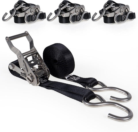 US Cargo Control Stainless Steel Ratchet Straps with S-Hooks 1" X 10' (4-Pack), 765 LBS Break Strength, Marine Tie Down Straps for Boats, ATVs, Trees, Camping, Snow, Saltwater Applications