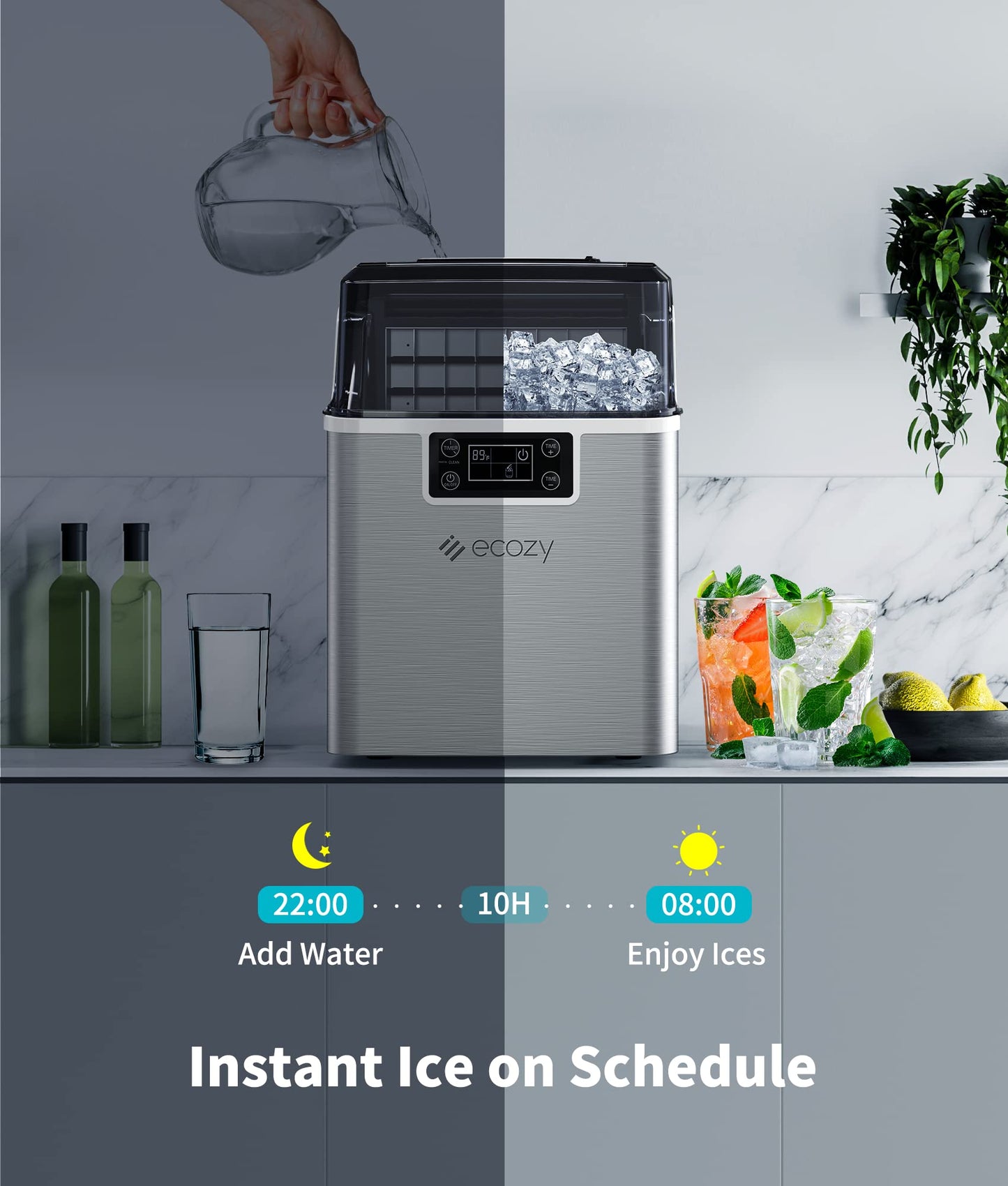 ecozy Countertop Ice Makers, 45lbs Per Day, 24 Cubes Ready in 13 Mins, Stainless Steel Housing, Auto Self-Cleaning Ice Maker with Ice Bags and Ice Scoop for Kitchen Office Bar Party