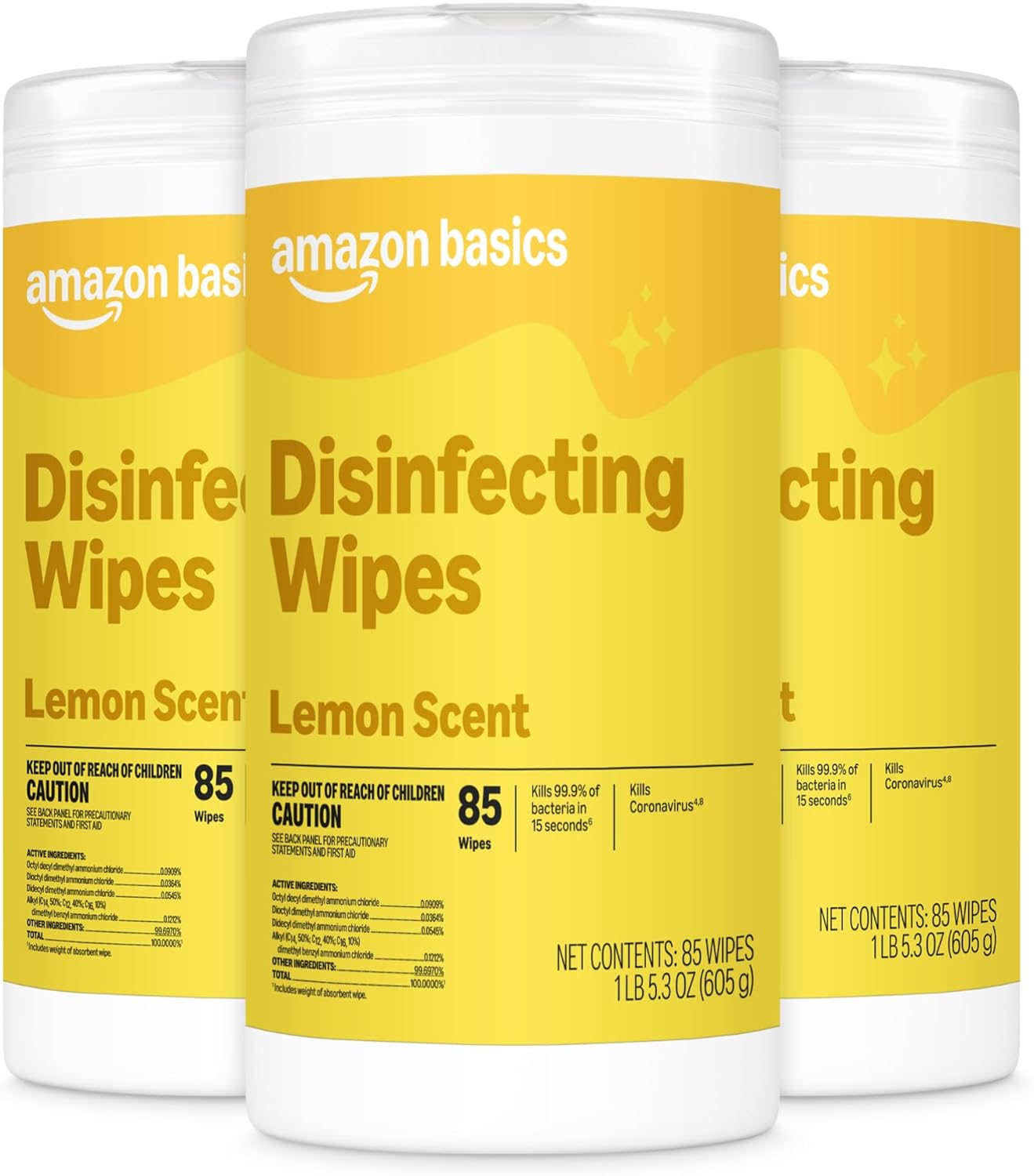 Amazon Basics Disinfecting Wipes, Lemon Scent, for Sanitizing, Cleaning & Deodorizing, 255 Count (3 Packs of 85), Packaging May Vary