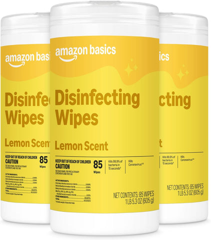 Amazon Basics Disinfecting Wipes, Lemon Scent, for Sanitizing, Cleaning & Deodorizing, 255 Count (3 Packs of 85), Packaging May Vary