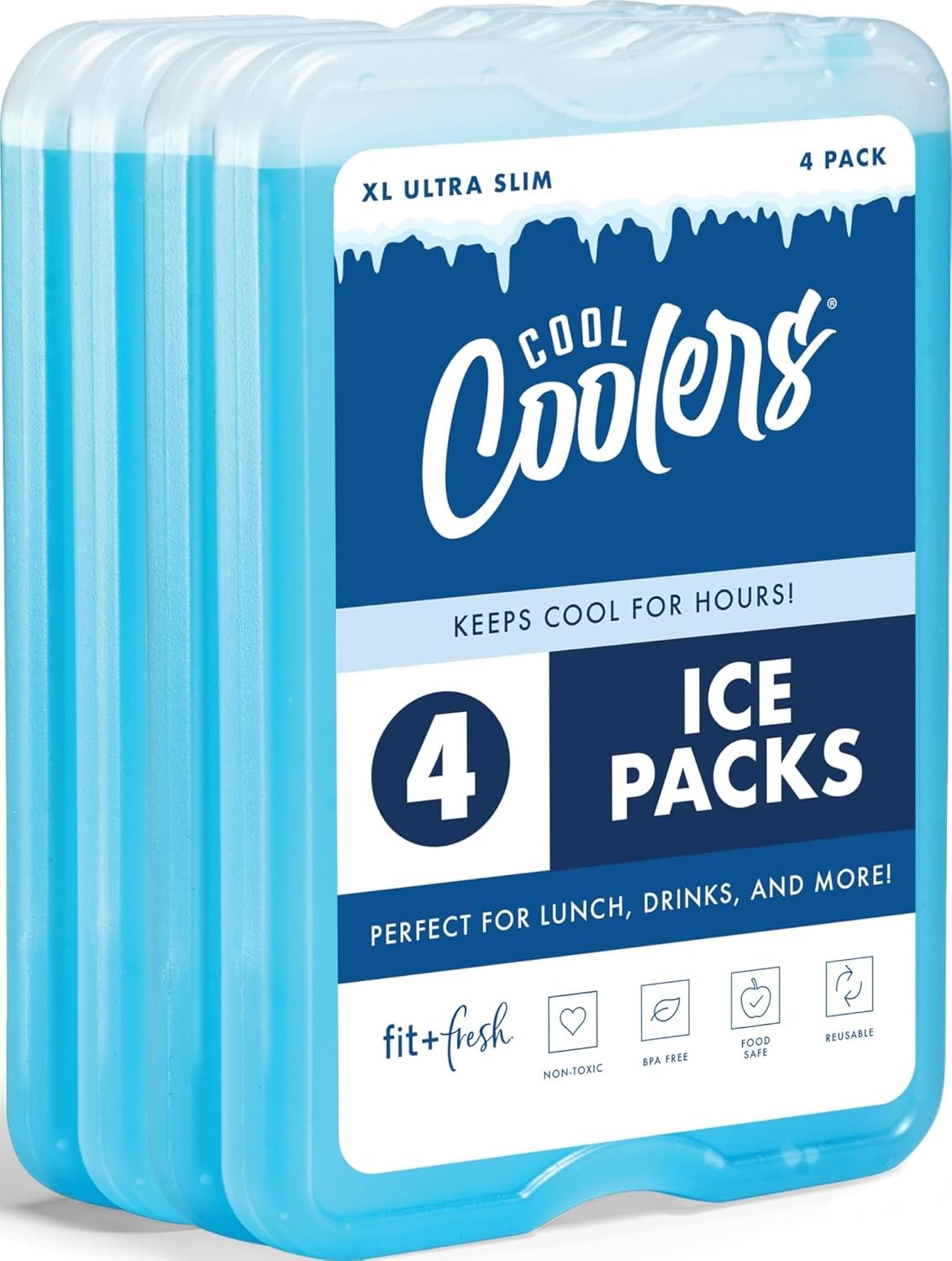 Cool Coolers by Fit & Fresh XL Slim Ice Packs, Quick Freeze Reusable Ice Packs for Lunch Boxes & Coolers, Long-Lasting, Space Saving Cooler Ice Packs