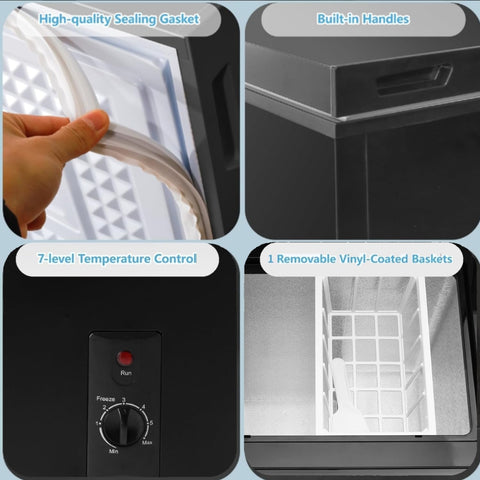 Chest Freezer 3.5 Cu.Ft Deep Freezer with Removable Basket, 7-Level Adjustable Thermostat, Fast Cooling Freestanding Top Open Door, Black