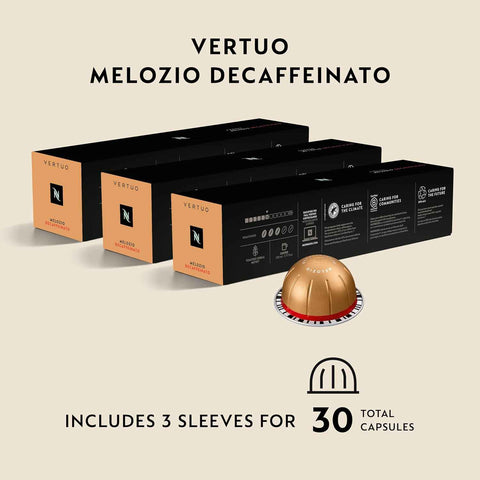 Nespresso Vertuo, Melozio Decaffeinato, 30-Count Espresso Pods | Capsules Medium Roast Pack of 1 Coffee Brews 7.8 oz
