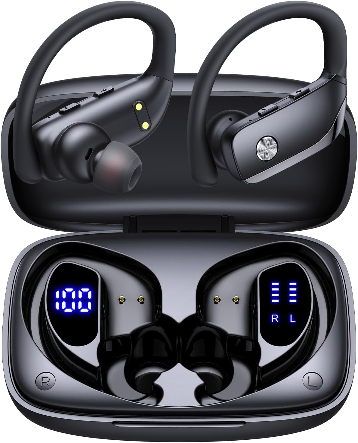 Wireless Earbuds Bluetooth Headphones Over Ear Hooks Ear Buds with 80H Playtime, LED Power Display, Dual Mic Clear Calls, Sports Wireless Ear Buds Bluetooth Earbuds for Running Gym Workout (Black)