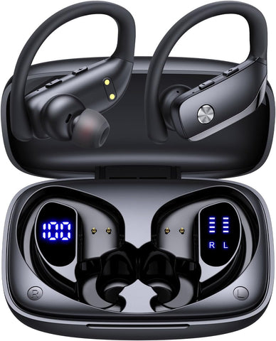 Wireless Earbuds Bluetooth Headphones Over Ear Hooks Ear Buds with 80H Playtime, LED Power Display, Dual Mic Clear Calls, Sports Wireless Ear Buds Bluetooth Earbuds for Running Gym Workout (Black)