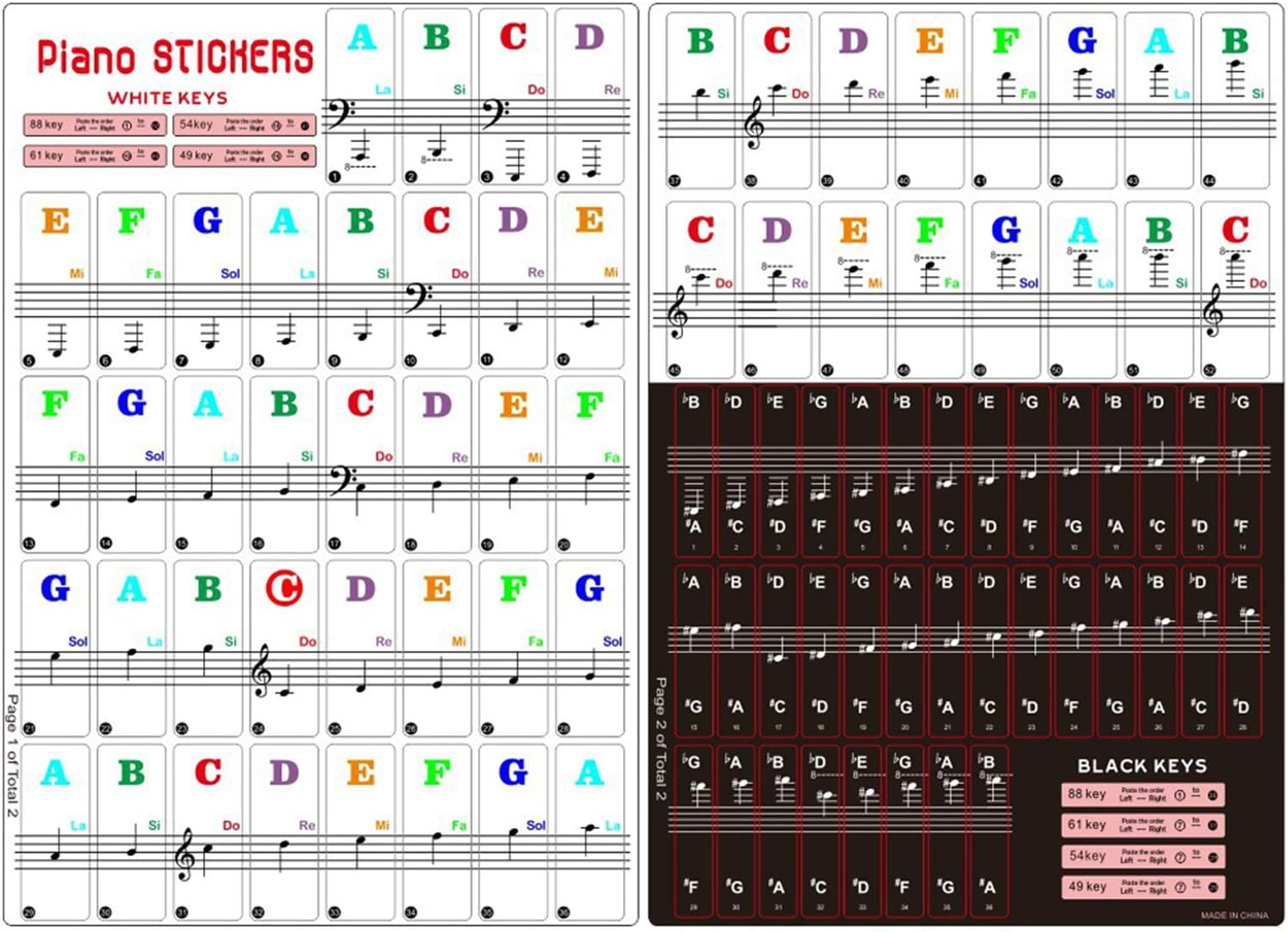 Piano Keyboard Stickers for 88/61/54/49/37 Key, Bold Large Letter Piano Stickers for Learning, Removable Piano Keyboard Letters, Notes Label for Beginners and Kids, Multicolor