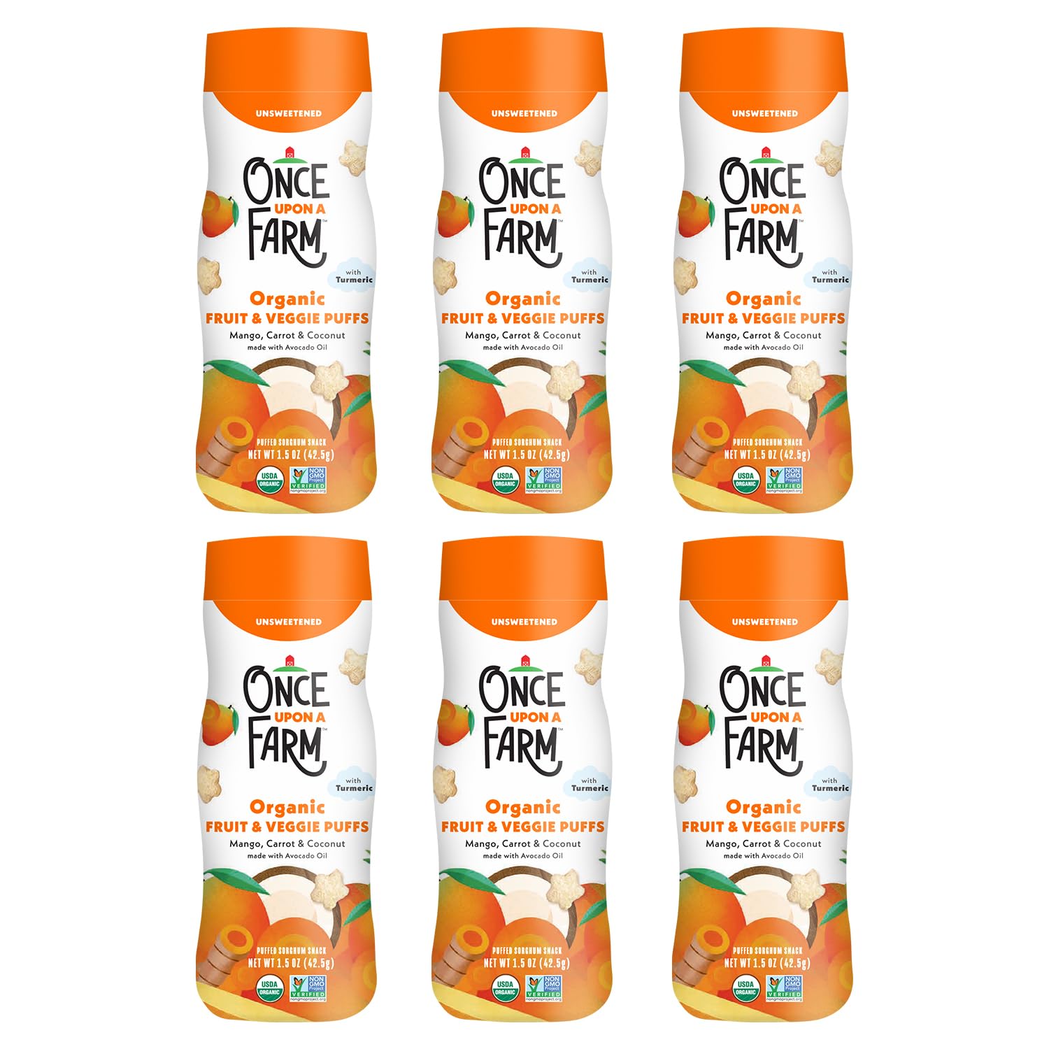Once Upon A Farm Mango, Coconut & Carrot Puffed Sorghum Snack, Fruit & Veggie Puffs, Non GMO, 1.5 Ounces (Pack Of 6)