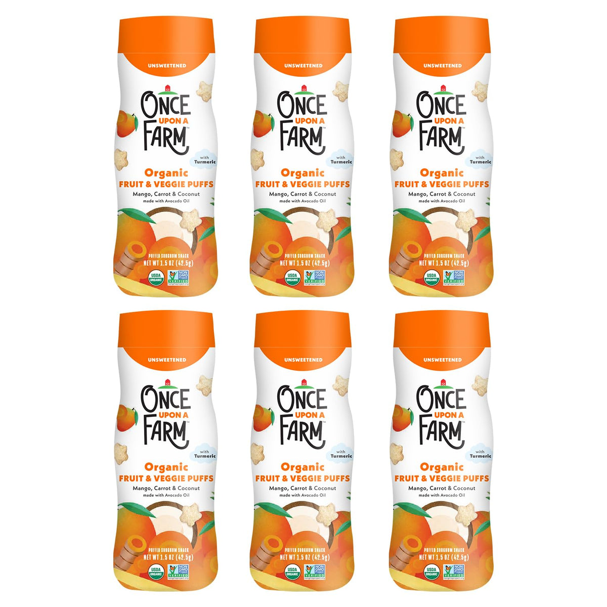 Once Upon A Farm Mango, Coconut & Carrot Puffed Sorghum Snack, Fruit & Veggie Puffs, Non GMO, 1.5 Ounces (Pack Of 6)