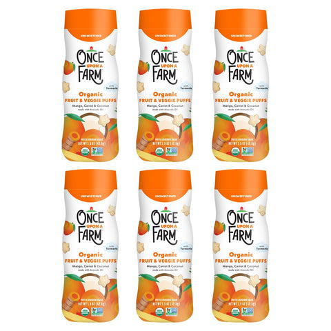 Once Upon A Farm Mango, Coconut & Carrot Puffed Sorghum Snack, Fruit & Veggie Puffs, Non GMO, 1.5 Ounces (Pack Of 6)