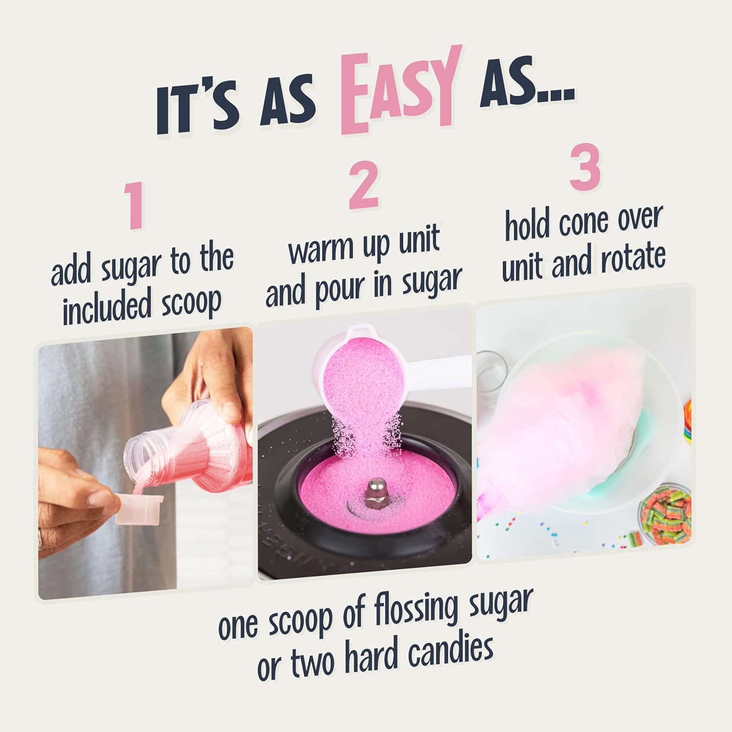 Nostalgia Countertop Cotton Candy Machine – Use Normal or Sugar-Free Candy or Flossing Sugar – Includes 2 Reusable Cones and Measuring Scoop – Pink