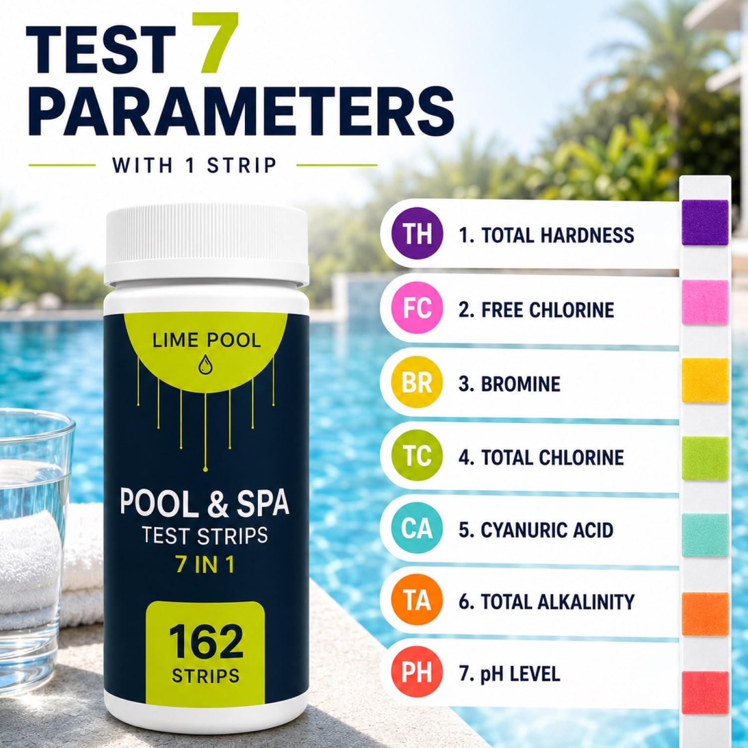 7-Way Pool Test Strips - 162 Strips Hot Tub, Spa, Pool Water Testing Kit