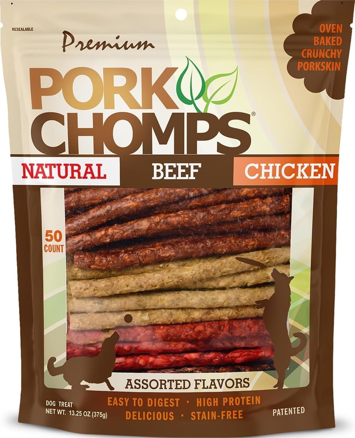 Pork Chomps Dog Chews, 5 in Munchy Sticks, Assorted Flavors, 50 Count