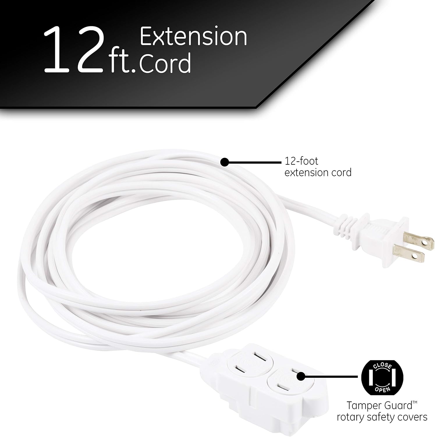 GE 12 Ft Extension Cord, 3 Outlet Power Strip, 2 Prong, 16 Gauge
