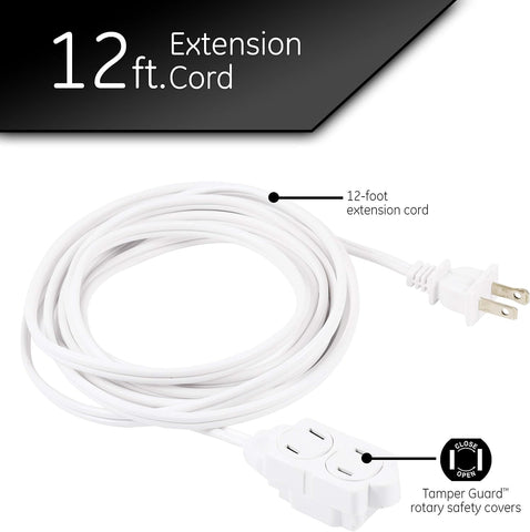 GE 12 Ft Extension Cord, 3 Outlet Power Strip, 2 Prong, 16 Gauge