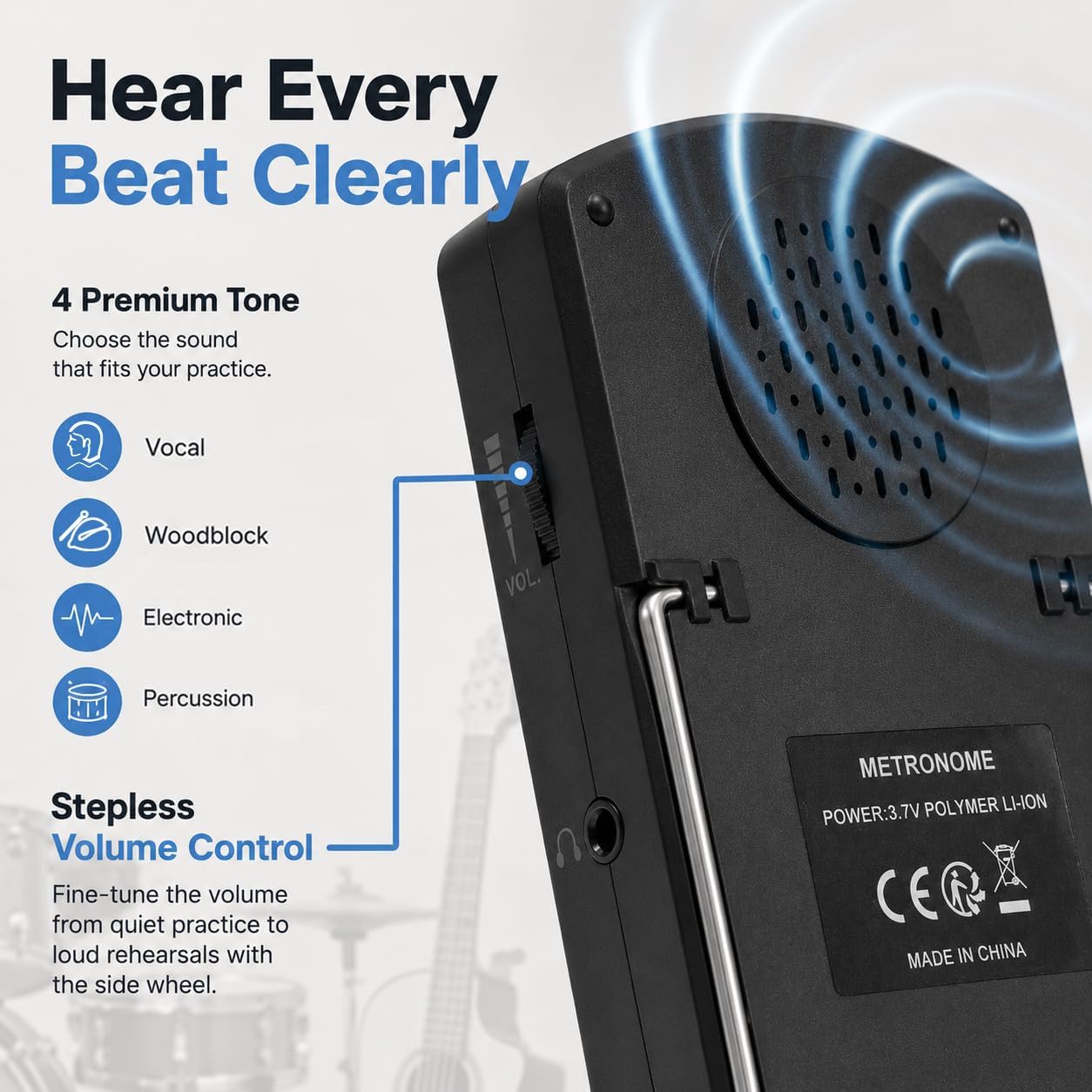AM-709 Rechargeable Digital Metronome with Vocal Counting for Piano, Guitar, Drum, Violin and All Instruments