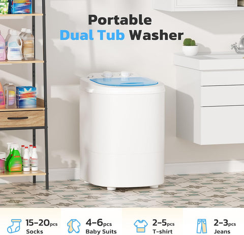 Bonusall Portable Washing Machine, 6.6 Lbs Mini Small Washer Machine, Single Tub Laundry Washer for Apartments, Dorms,Traveling, RV, Blue