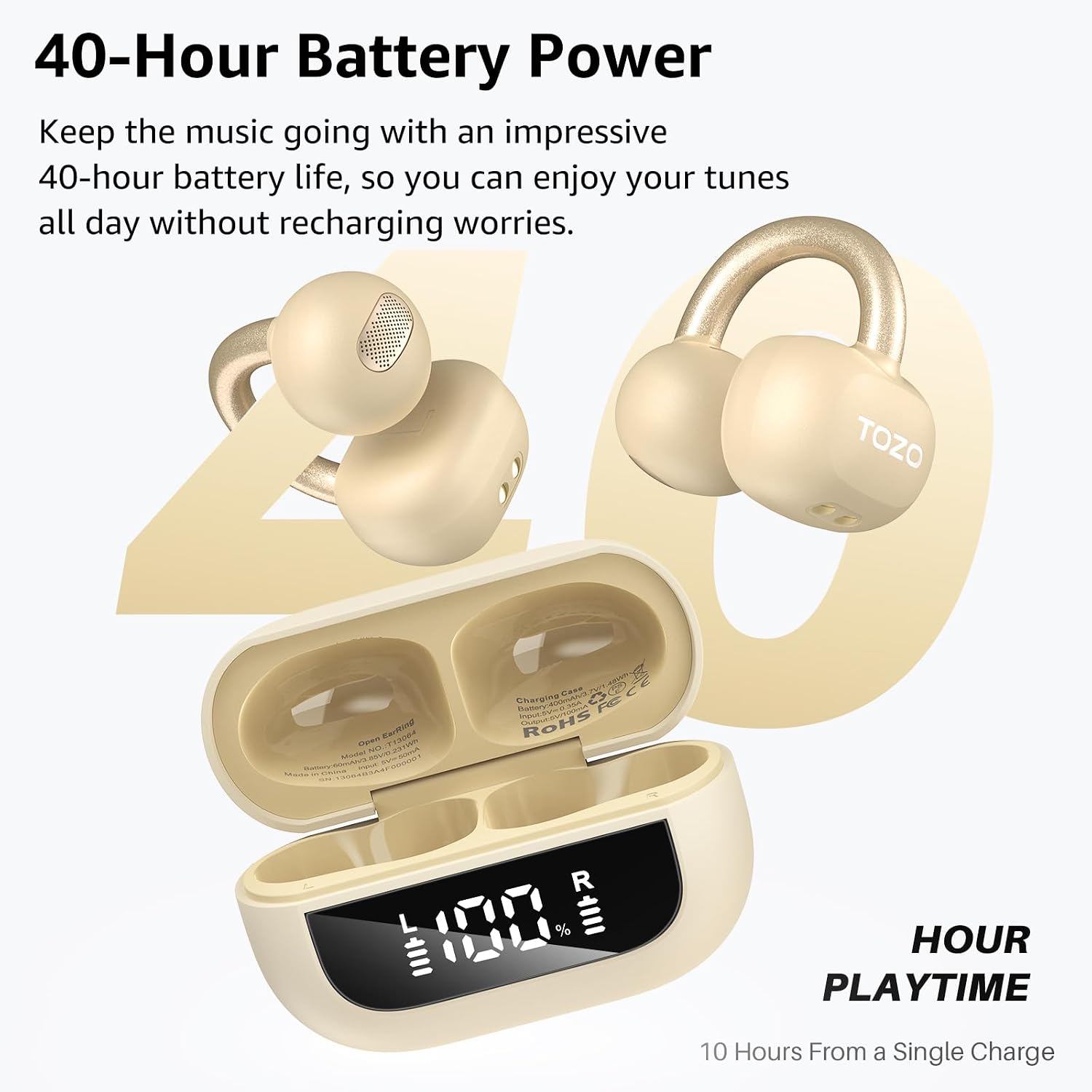 TOZO OpenEarRing Open Ear Earbuds 40H Bluetooth 5.4 Lightweight Comfort