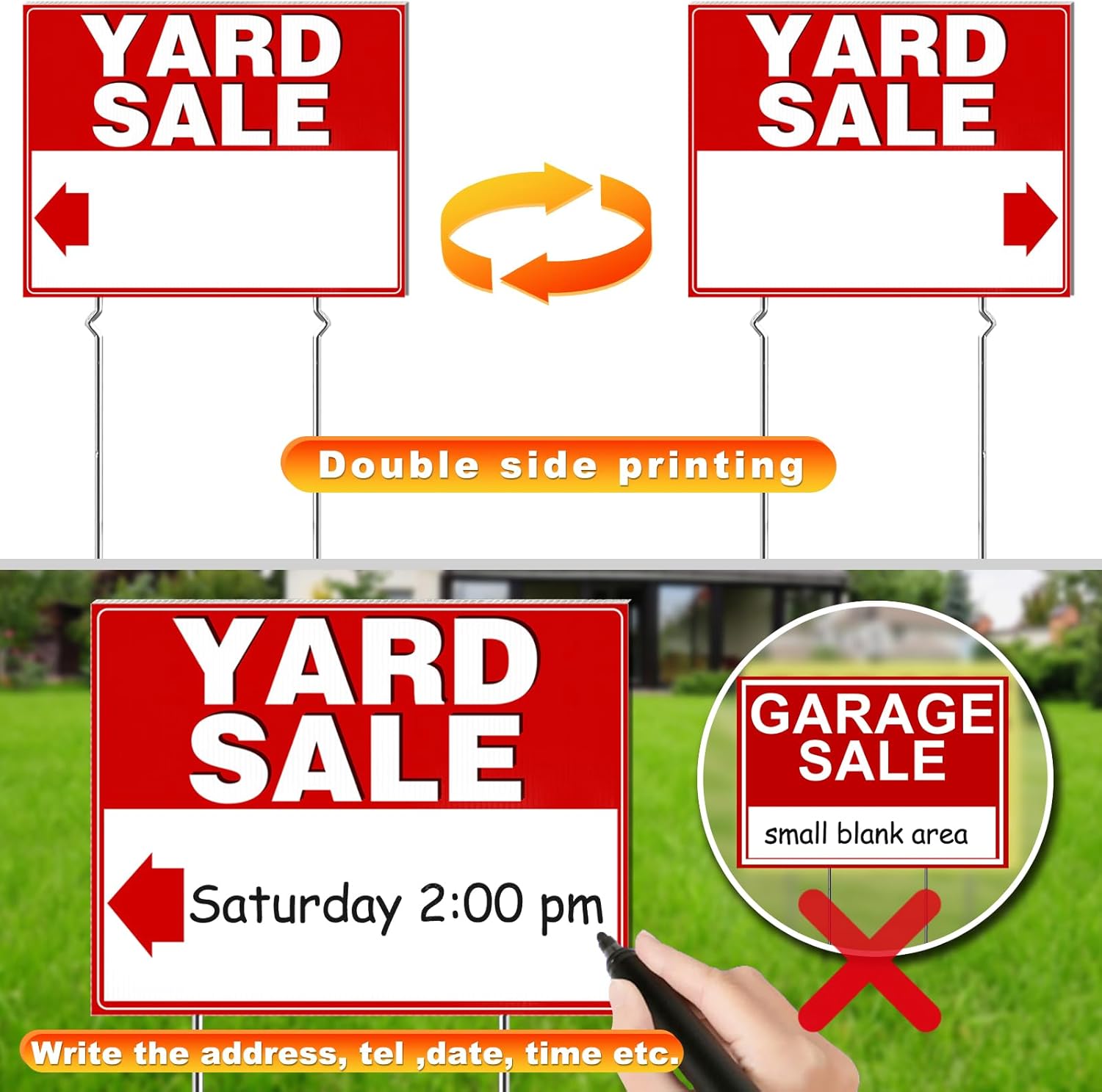 Remiawy Yard Sale Signs, 3 Pack Yard Signs with Metal Stakes, 17x13 Inch Double Sided Large Garage Sale Kit with Directional Arrows Stickers Weatherproof Corrugated Plastic for Event
