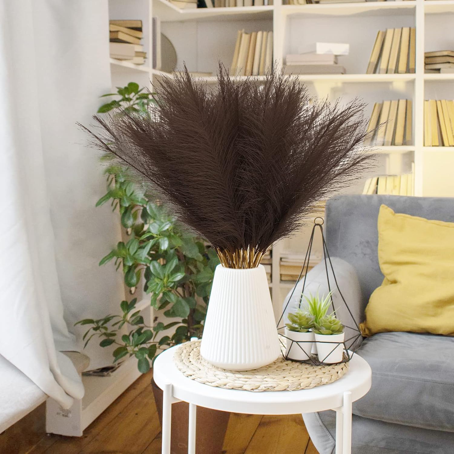 obbsie 50PCS Brown Faux Pampas Grass Decor, 21.6" Fluffy Vase Filler