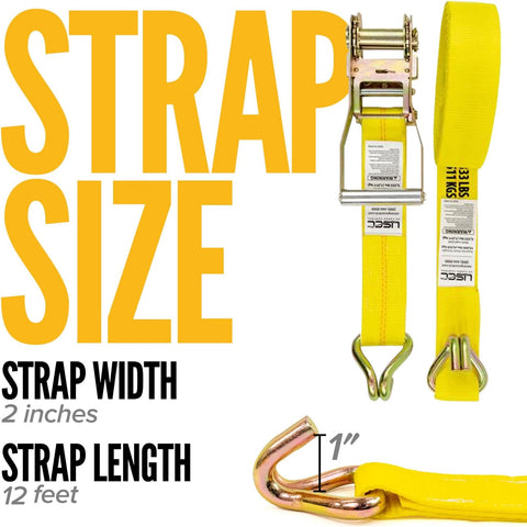 US Cargo Control Wire Hook Ratchet Straps 2 Inch x 12 Foot (4-Pack), 10,000 LBS Break Strength, Yellow 2 Inch Ratchet Straps Heavy Duty with J Hooks, Heavy Duty Tie Downs for Trailers and Trucks