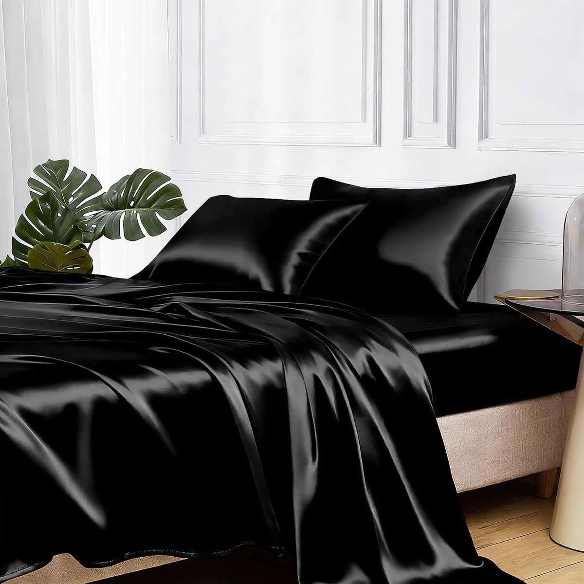MR&HM Satin Sheets Twin Size with Elastic Corner Straps, Black