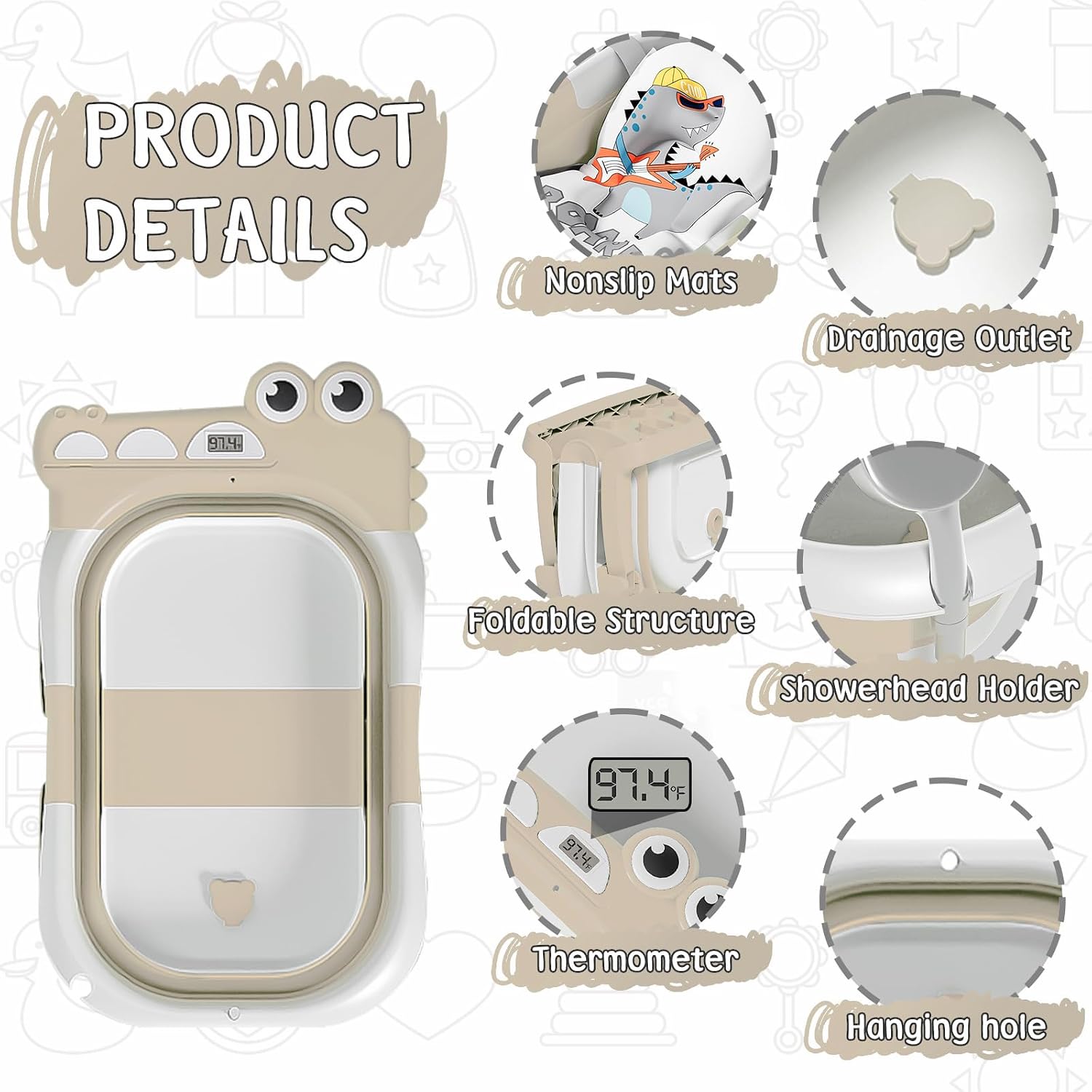Collapsible Baby Bathtub for Newborn, Foldable Baby Bath Tub with Thermometer & Soft Floating Cushion & Drain Hole, Portable Travel Infant Bath Tubs for Newborns to Toddlers 0-36 Months Boys, Beige