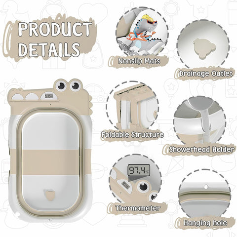 Collapsible Baby Bathtub for Newborn, Foldable Baby Bath Tub with Thermometer & Soft Floating Cushion & Drain Hole, Portable Travel Infant Bath Tubs for Newborns to Toddlers 0-36 Months Boys, Beige