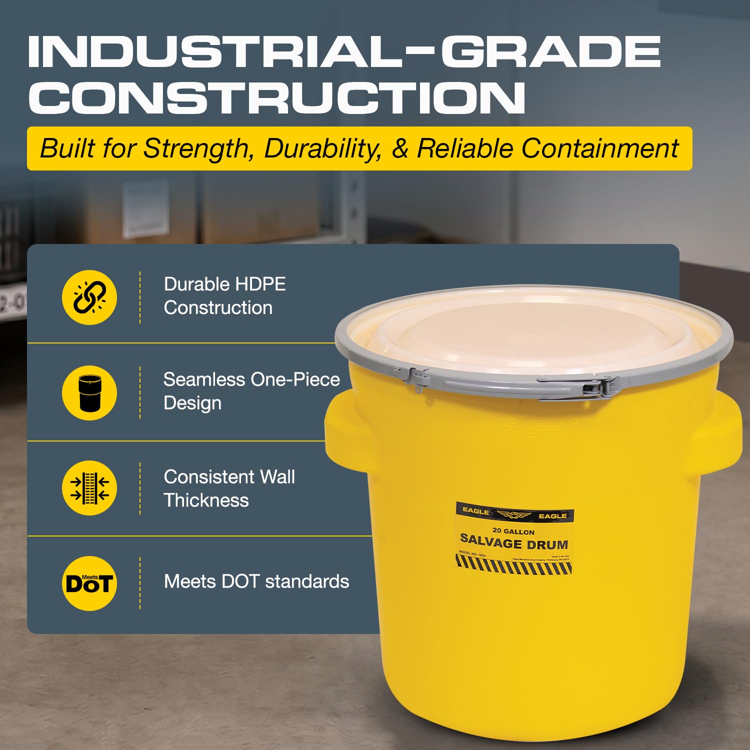 Eagle Plastic Drum, 20 Gallon Drum, DOT Compliant, Made in USA, Yellow
