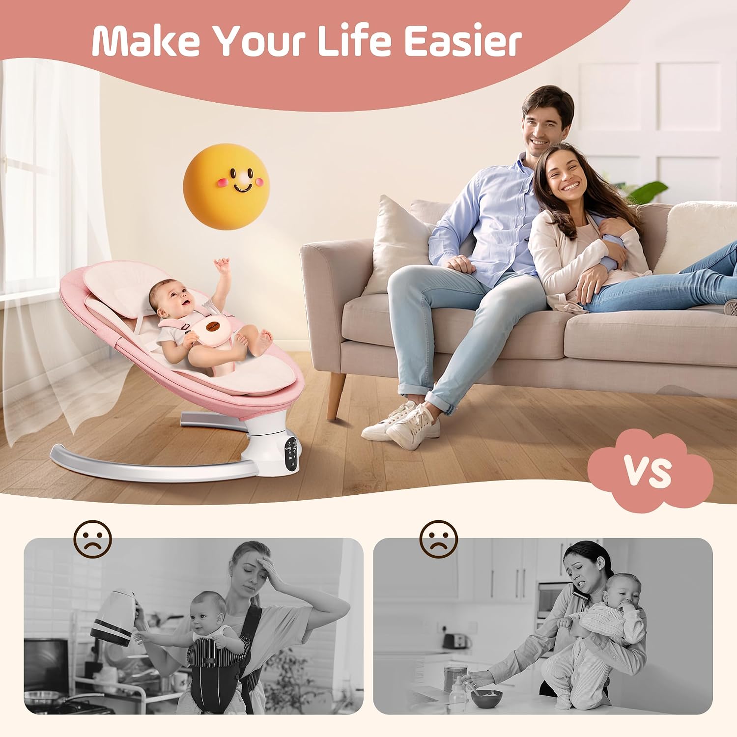 Baby Swing for Infants - Electric Baby Rocker with Exclusive App Function, Upgraded 5 Point Harness, Bluetooth Support, 10 Preset Lullabies and 5 Speeds, Portable Swing for Baby Boy Girl（Pink）