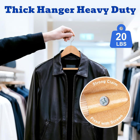 HOUSE DAY Wide Shoulder Wooden Hangers, Suit Hangers with Non Slip Pants Bar, Smooth Finish 360° Swivel Hook High-Grade Solid Wood Coat Hangers for Dress, Jacket, Heavy Clothes Hanger 6 Pack (Natural)