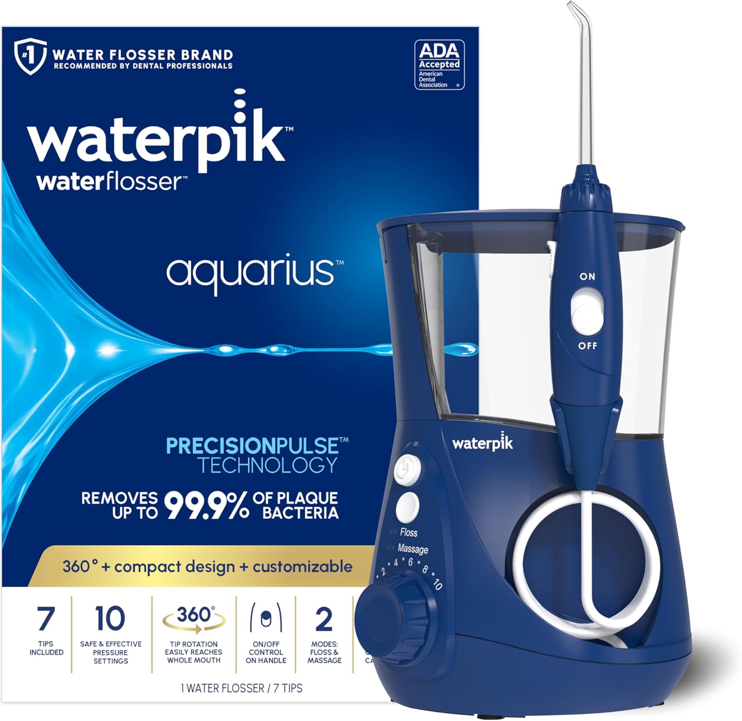 Waterpik Aquarius Countertop Water Flosser with 10 Settings, 7 Tips, Blue
