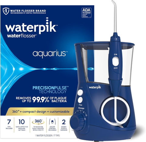Waterpik Aquarius Countertop Water Flosser with 10 Settings, 7 Tips, Blue
