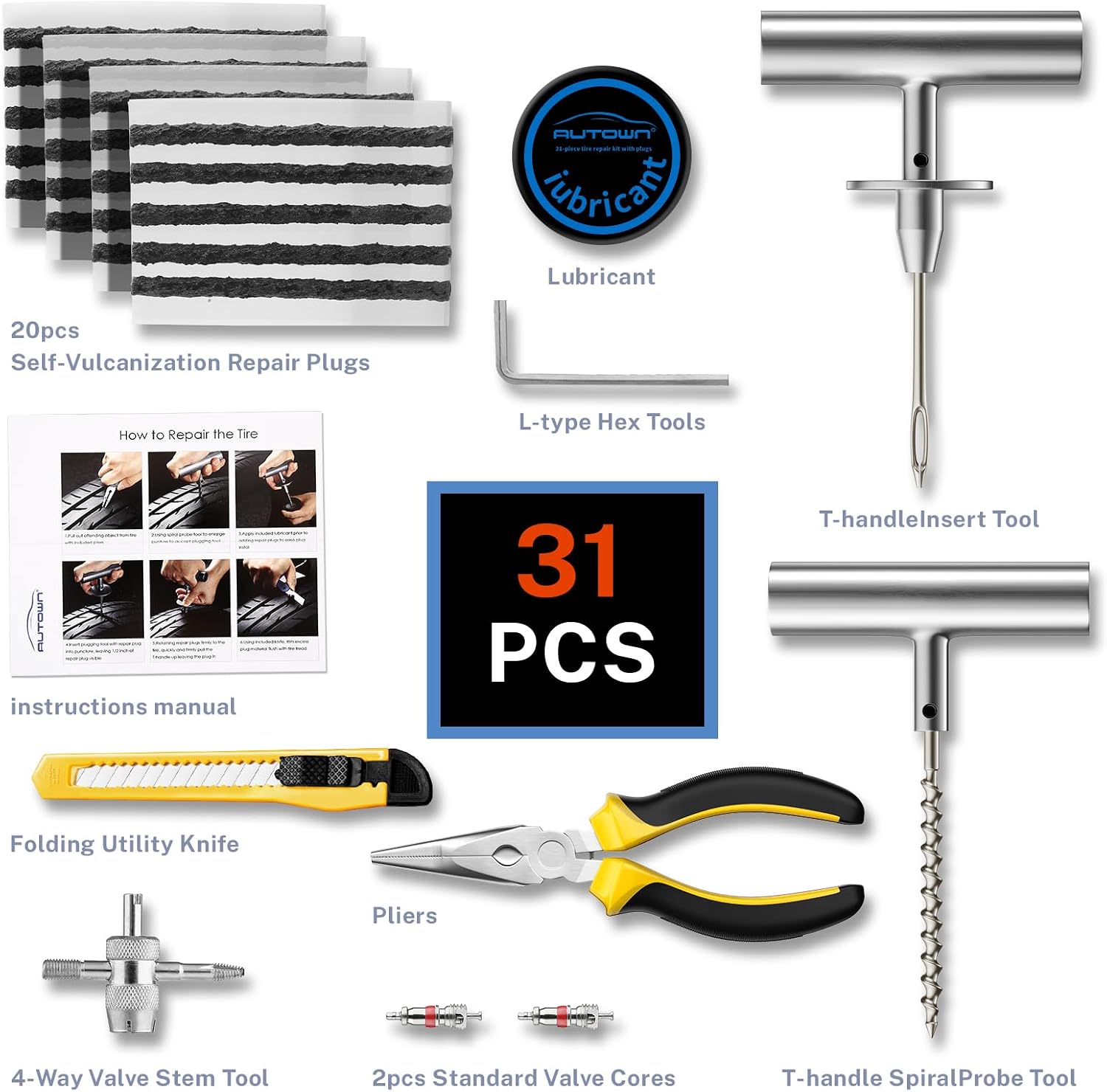 AUTOWN Flat Tire Repair Kit with Plugs 31pcs, Professional Tire Plug Kit