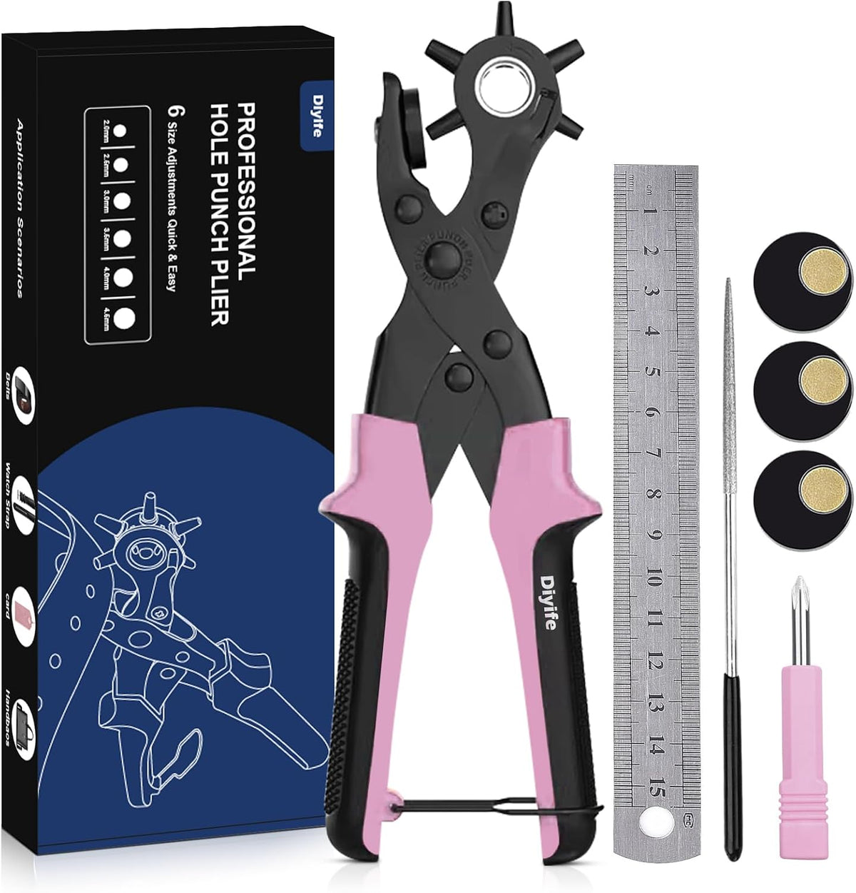 Diyife Leather Hole Puncher, Revolving Punch Plier, 6 Size Adjustment, Pink