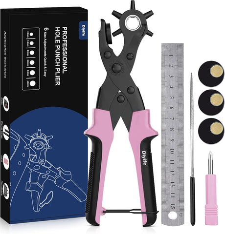 Diyife Leather Hole Puncher, Revolving Punch Plier, 6 Size Adjustment, Pink