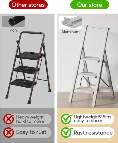 HillhutApex Aluminum 3 Step Ladder, Step Stool Foldable Ladder(Pale Grey)