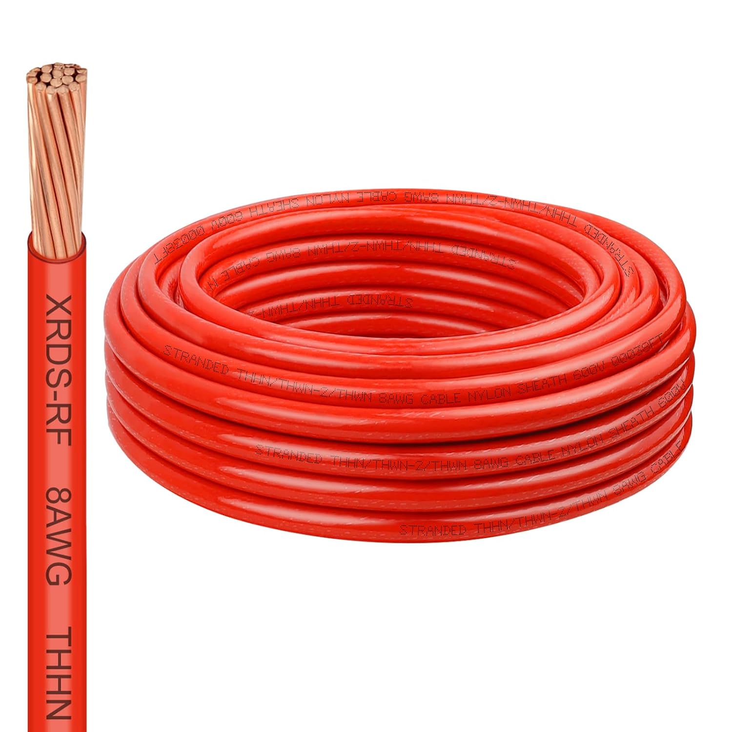 XRDS -RF 8 Gauge THHN Wire,25FT Red Stranded Copper Electrical Wire, 600V, Heat & Oil Resistant, Nylon Sheath Building Wire for Indoor/Outdoor Use