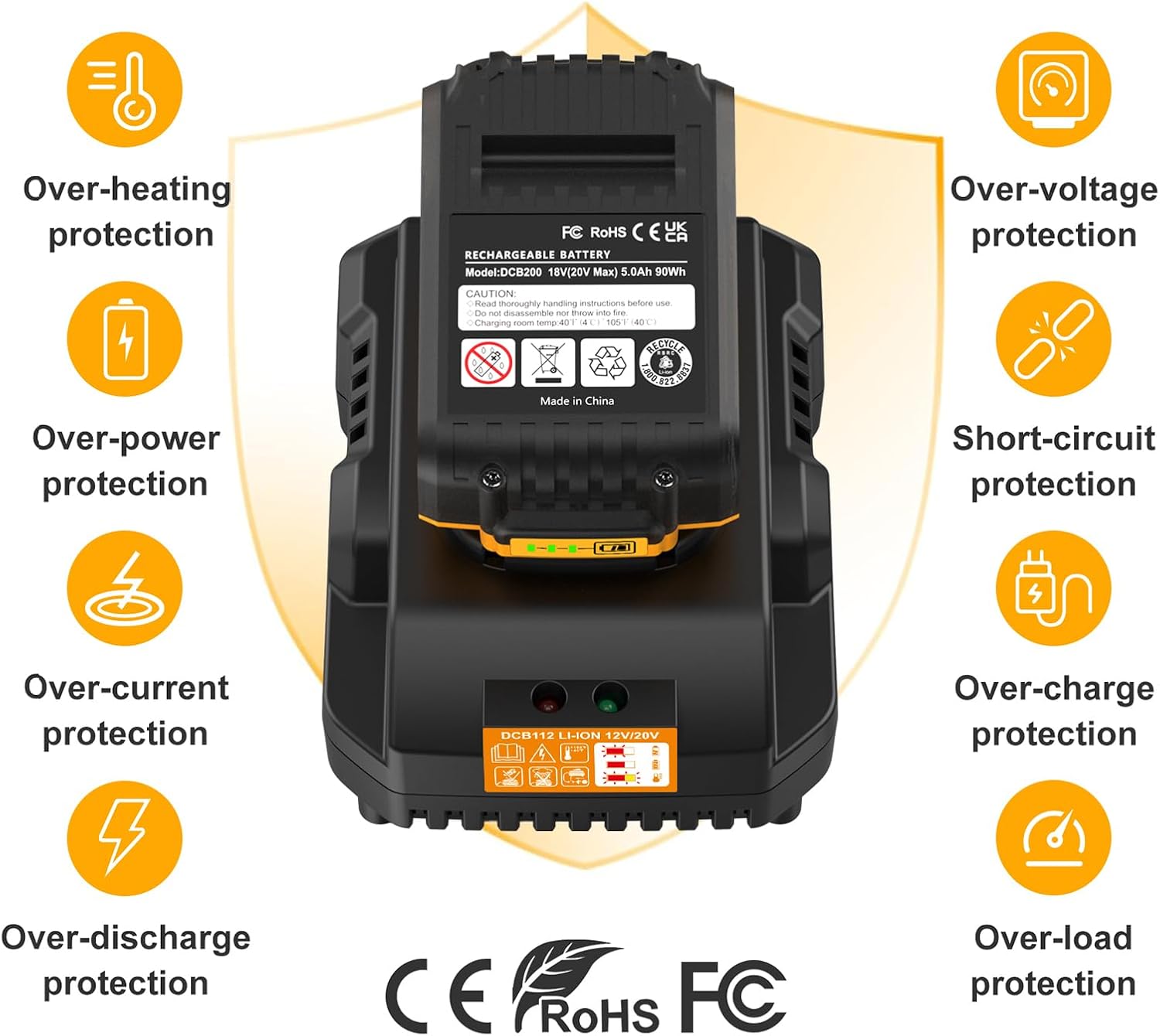 20v Max Battery Replacement for Dewalt Battery 5.0Ah with DCB112 Battery Charger Station for DCB200 DCB120 Black