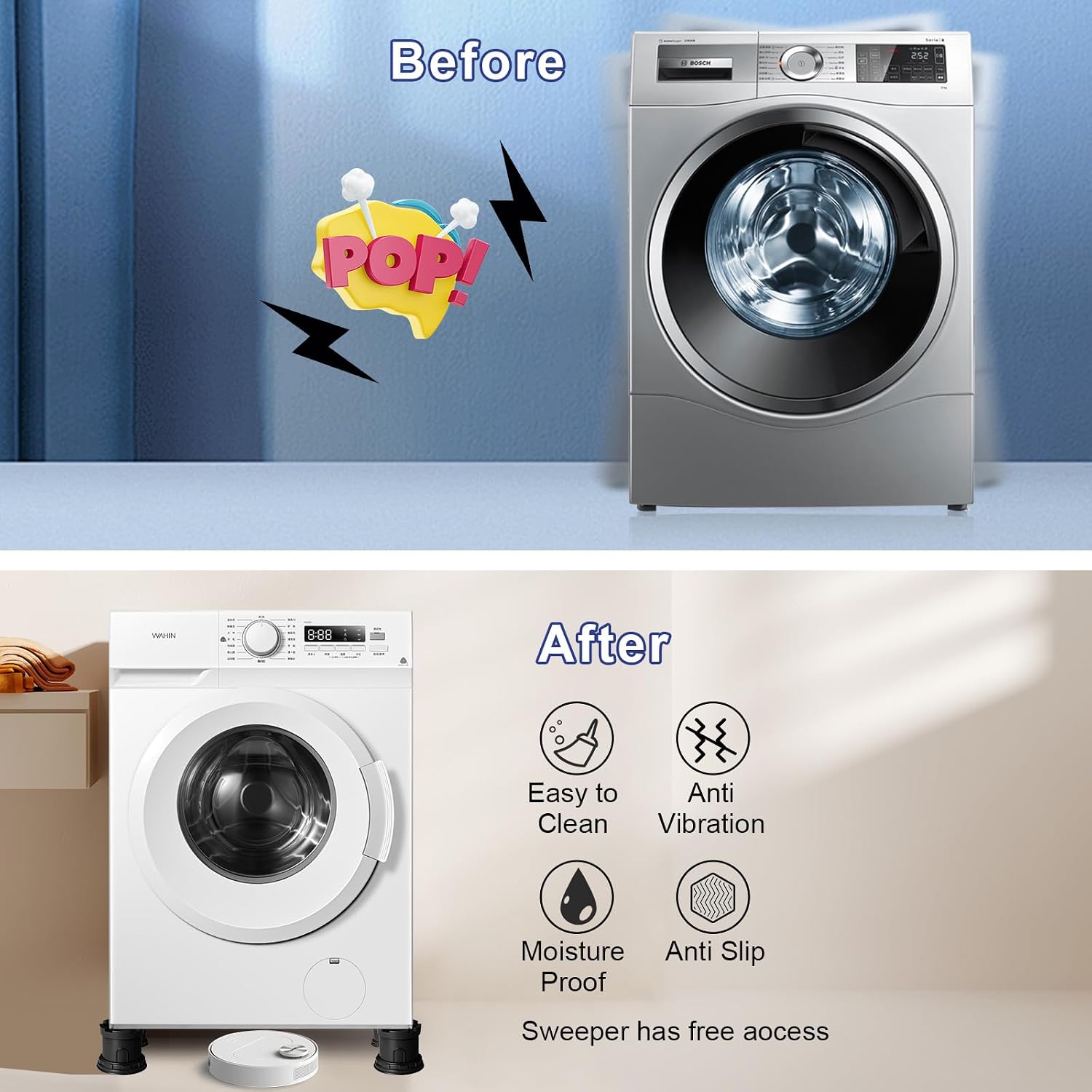4Pcs Anti Vibration Pads for Washing Machine, Adjustable Height Stops Washer Dryer Moving, Prevents Noise, Vibration Transfer, Antivibration Stabilizer Support Feet with Suction Cup Bottom (Grey)