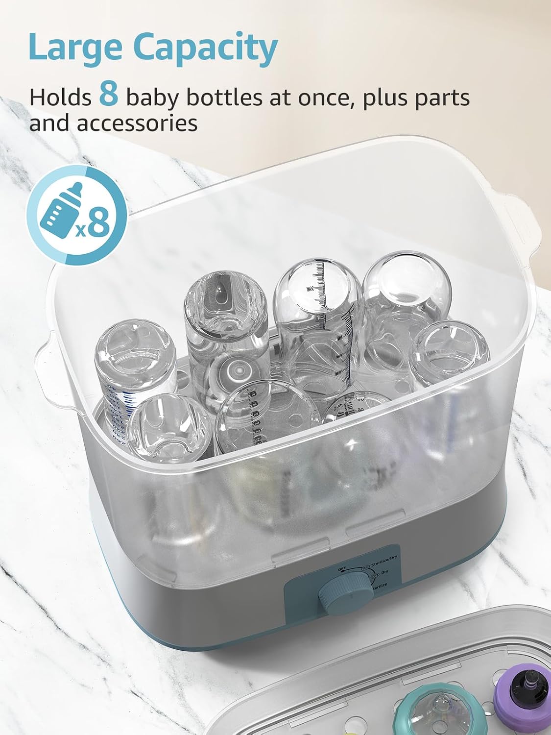 Grownsy 4-in-1 Large Capacity Baby Bottle Sterilizer and Dryer, Blue