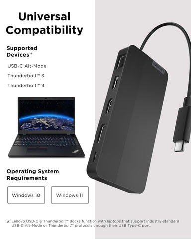 Lenovo USB-C Dual Display Travel Dock - 7 Ports, Integrated USB-C Cable, Universal Compatibility, Dual Displays at 4K - Black