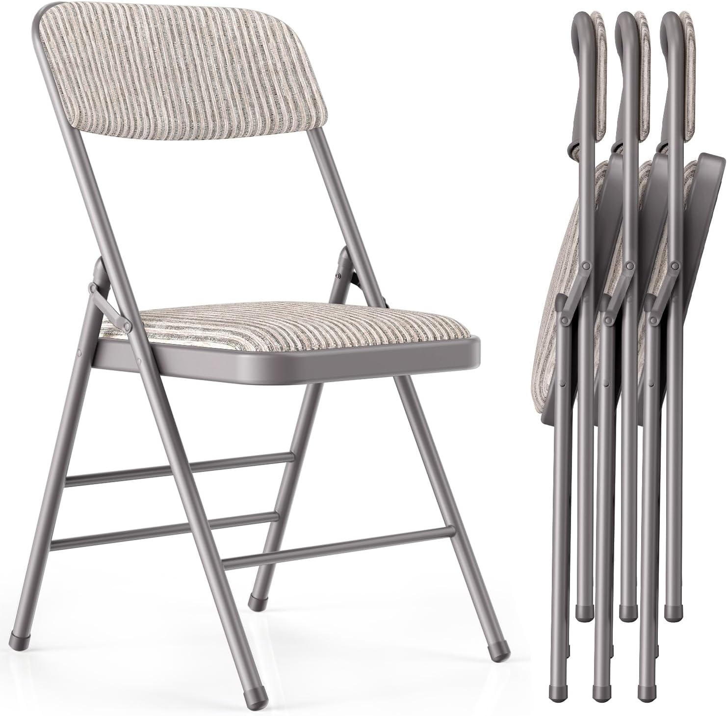 VTOY Commercial Grade Folding Chair with Padded Fabric Cushion（16"X16" |Double-hinged Legs Luxury Style|4.5kg Capacity Max Weight 150Kg for Home and Office,Indoor and Outdoor Events (4, Fabric-Beige)
