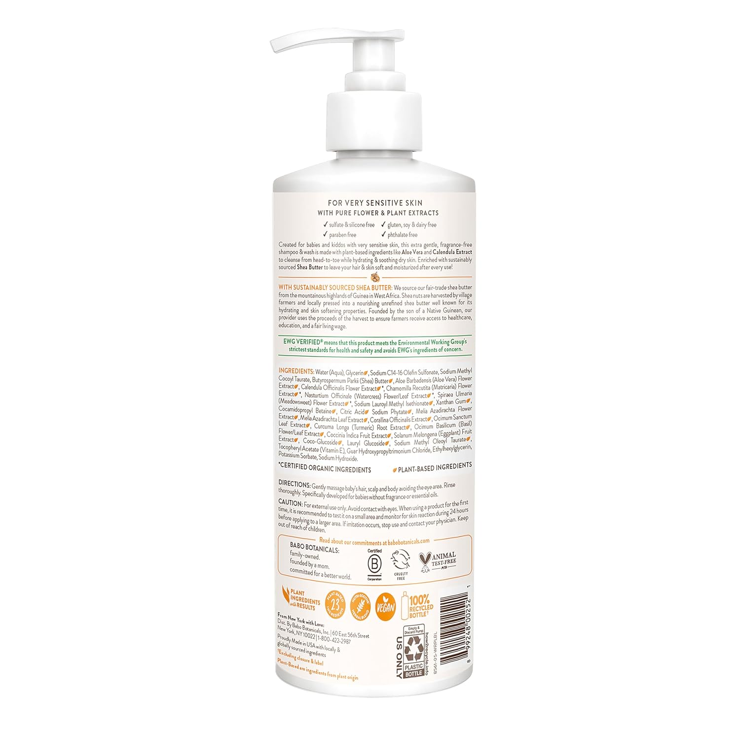 Babo Botanicals Sensitive Baby Fragrance-Free 2-in-1 Shampoo & Wash - Shea Butter, Calendula & Aloe Vera - EWG Verified - Cruelty-Free - Vegan - Pediatrician Tested - For Babies & Kids